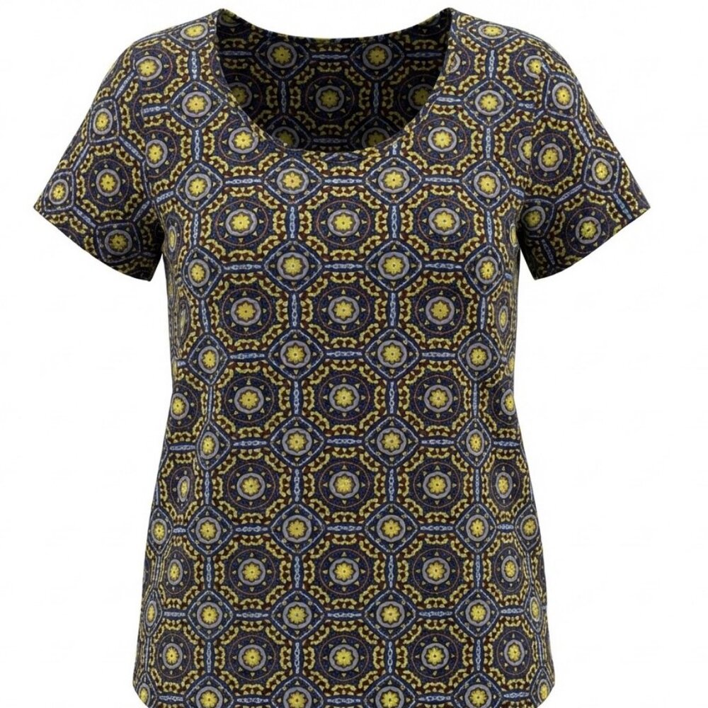 LULAROE Simply Comfortable Women's Hi-Lo‎ Top Large Yellow/Blue Pullover Stretch
